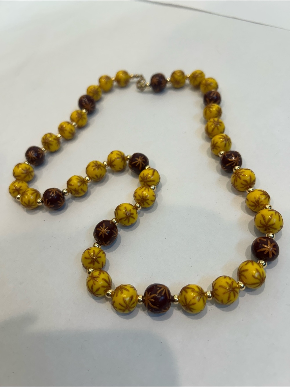 Vintage Yellow Brown Beaded handpainted starburst bohemian glow Necklace